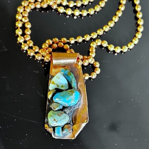 Kingman Turquoise Copper Pendant Necklace Brutalist Gift Choker 16" Handmade - Picture 1 of 6